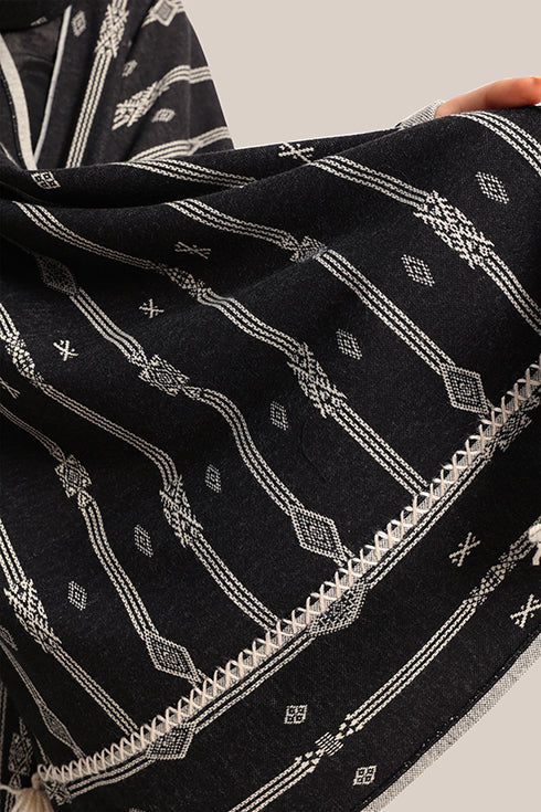 Embroidered striped shawl with tassels